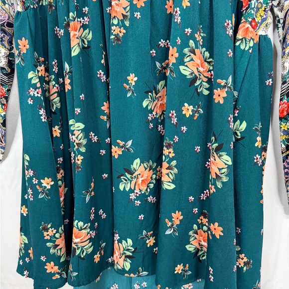 Umgee Boho Floral Babydoll Dress XL Bishop Sleeve Rayon Contrast - Picture 7 of 9